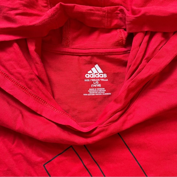 Kids Adidas red long sleeve hooded tshirt size L - Picture 2 of 3